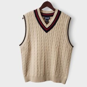 Lands End Mens Cable Knit Sweater Vest V Neck Cream Red Sz Lg Varsity Preppy